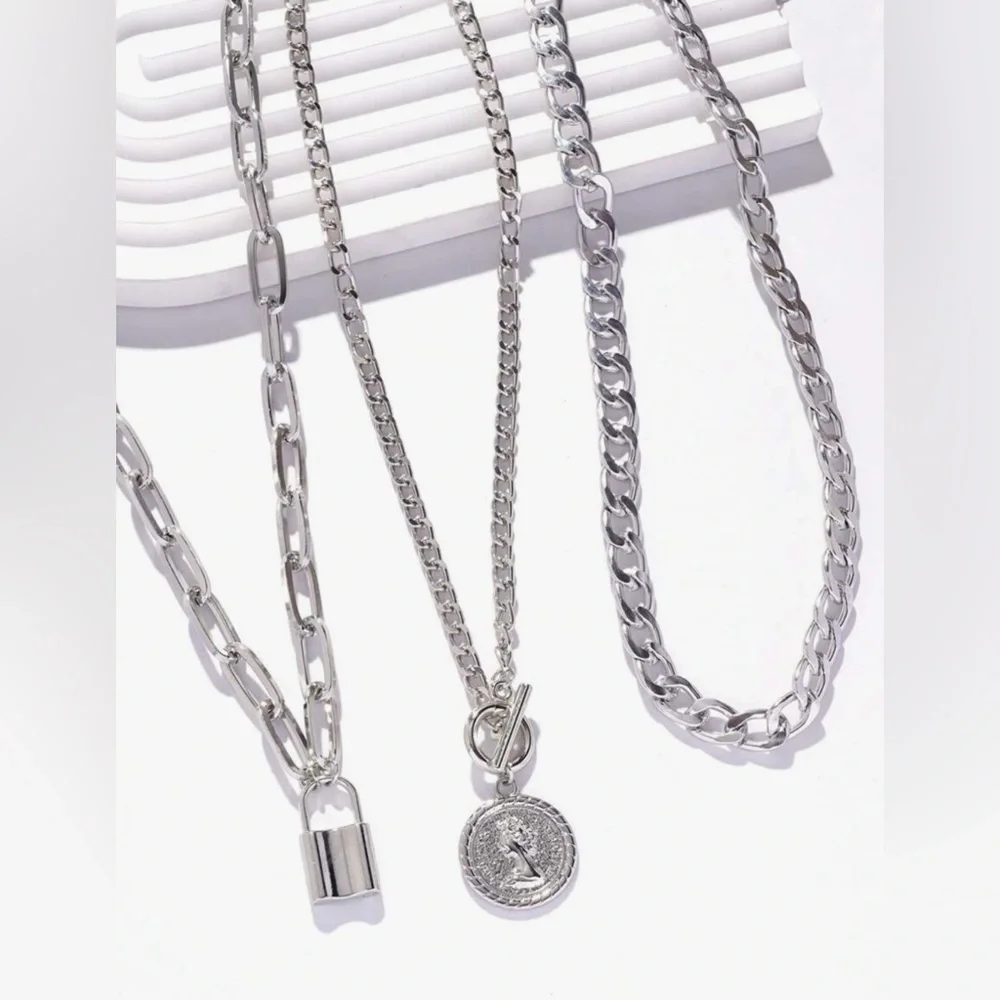 Silver Layered Chain Necklace Lock 3 piece Set - Picture 3 of 4